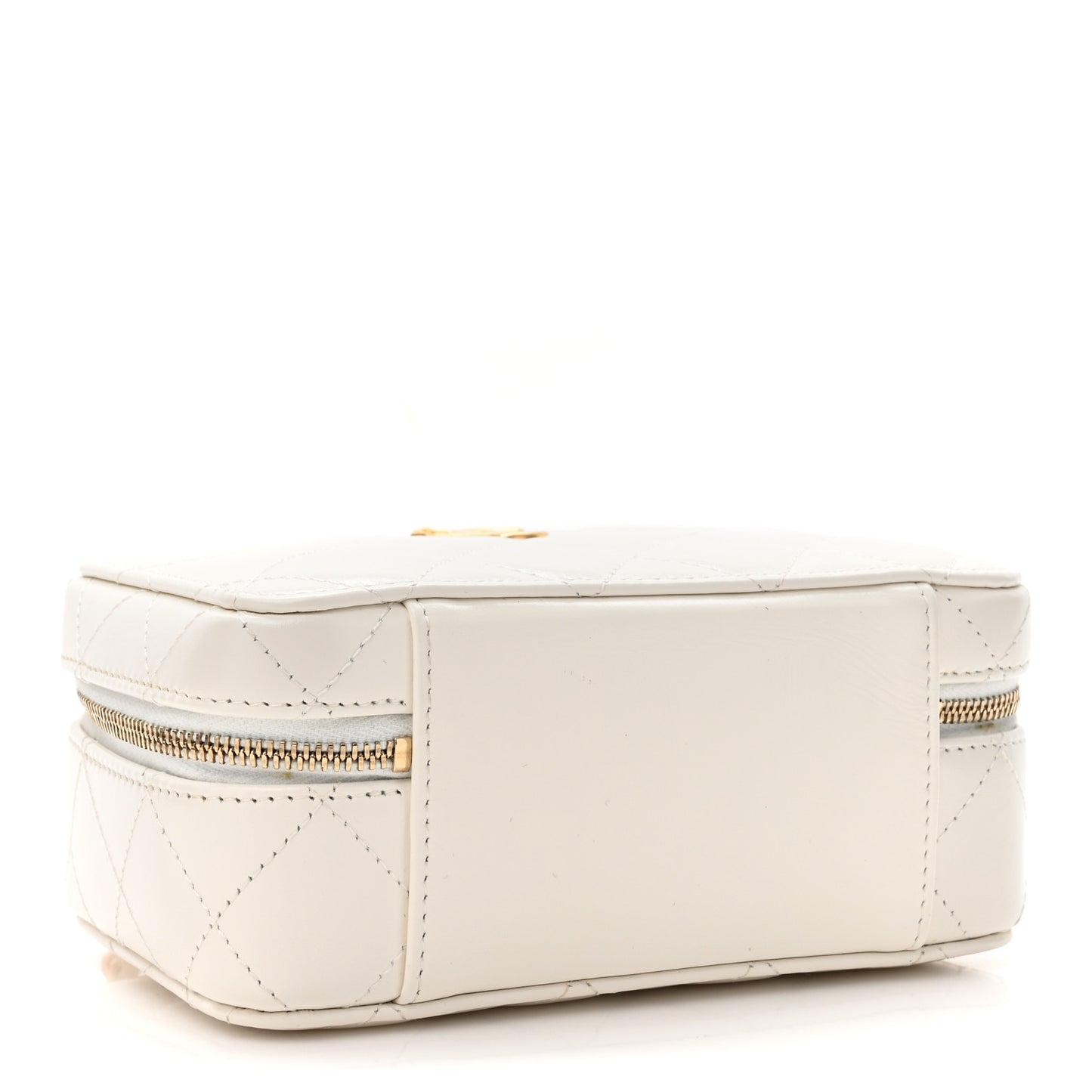Shiny Calfskin Quilted Small Top Handle Vanity Case With Chain White