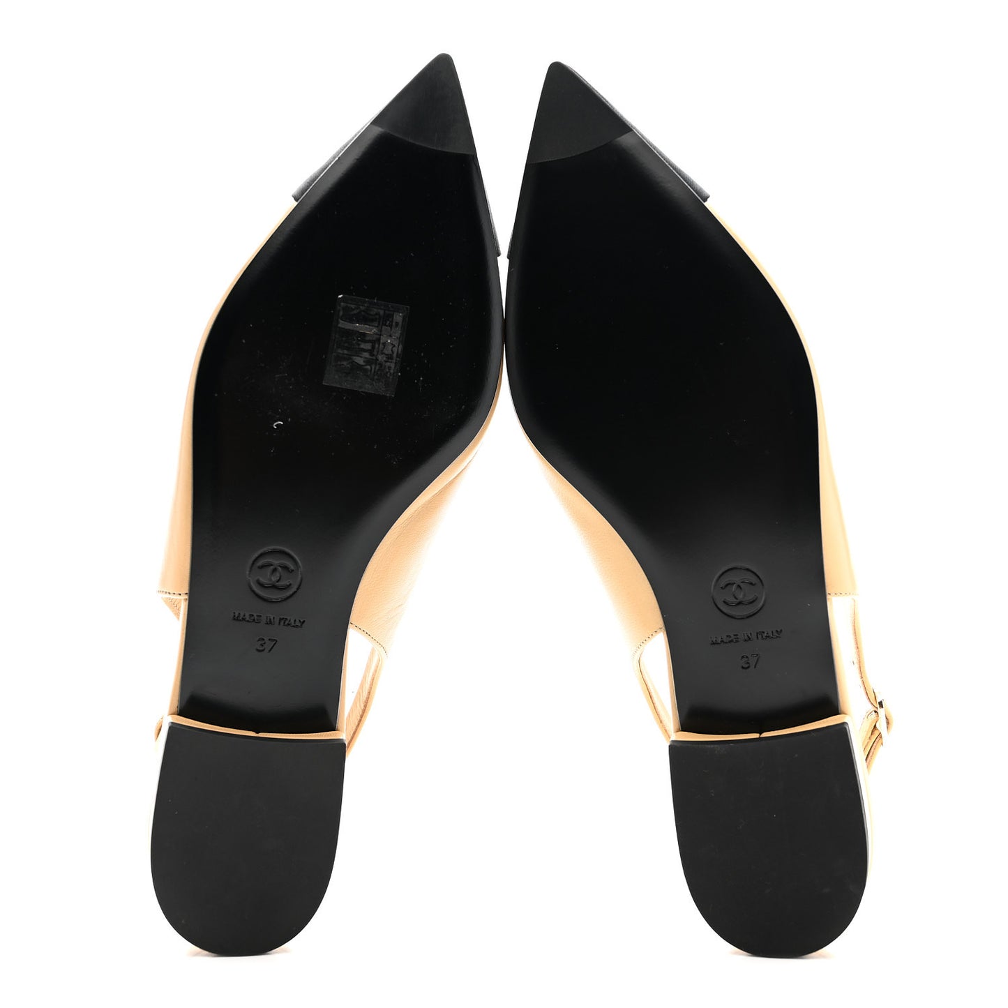 Goatskin Grosgrain Pointed Toe CC Slingback Flats 37 Beige Black
