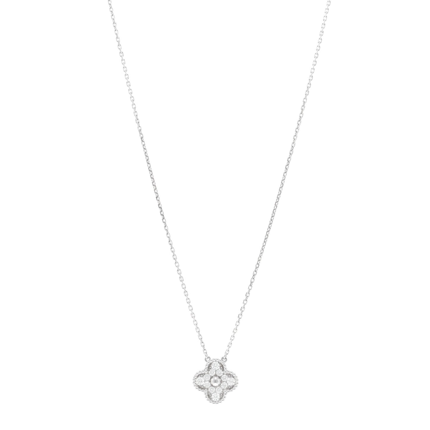 18K White Gold Diamond Vintage Alhambra Pendant Necklace