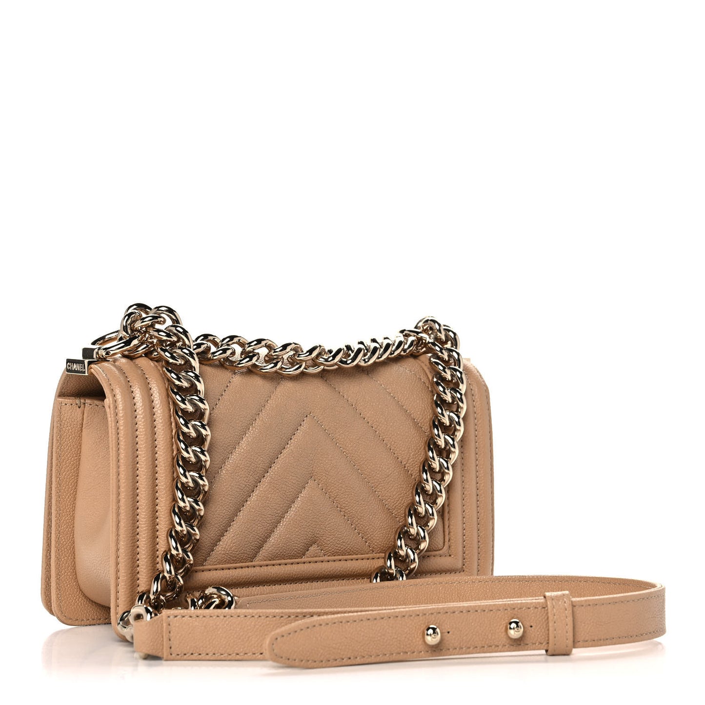 Caviar Chevron Quilted Small Boy Flap Dark Beige