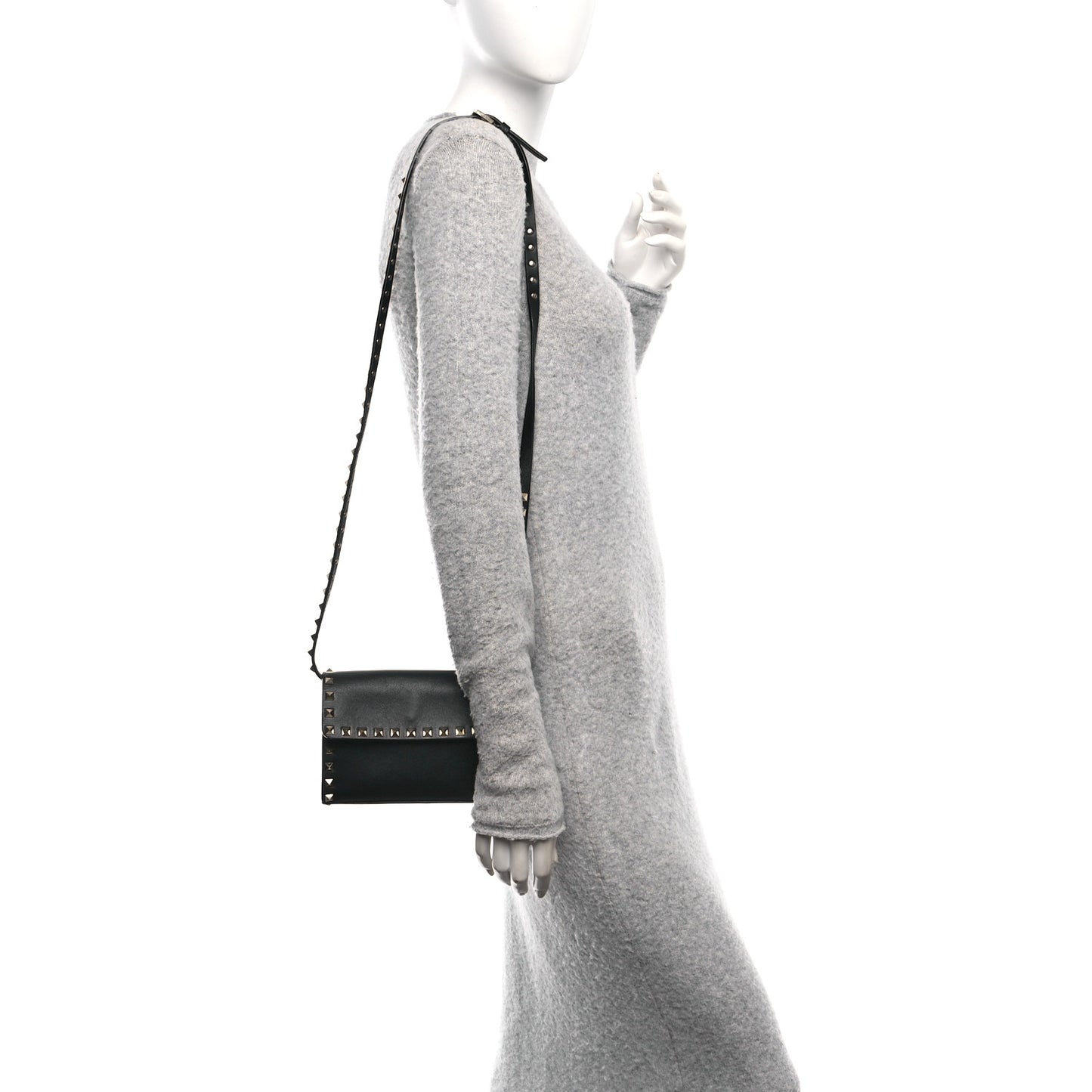Grained Calfskin Rockstud Crossbody Bag Black