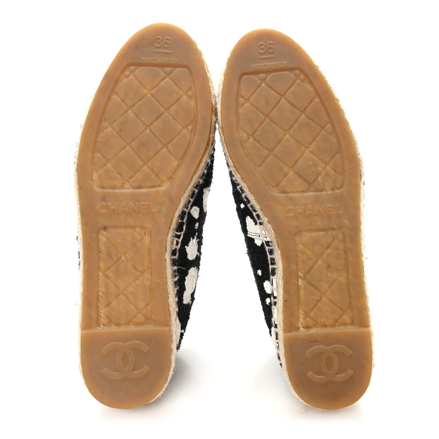 Patent Tweed Splatter Paint Print Cap Toe CC Espadrilles 36 Black White