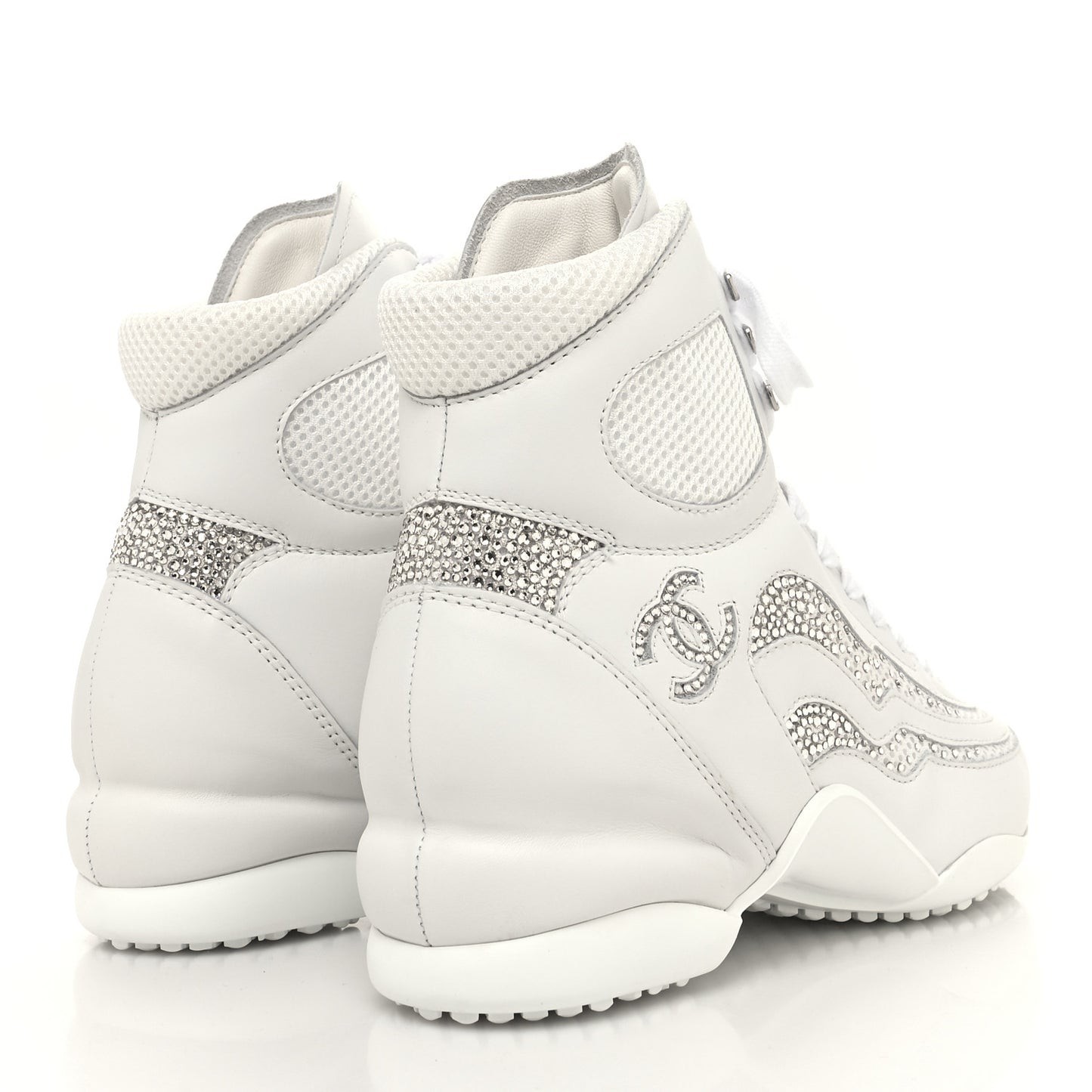 Calfskin Mesh Strass Womens CC Sneakers 39 White Silver