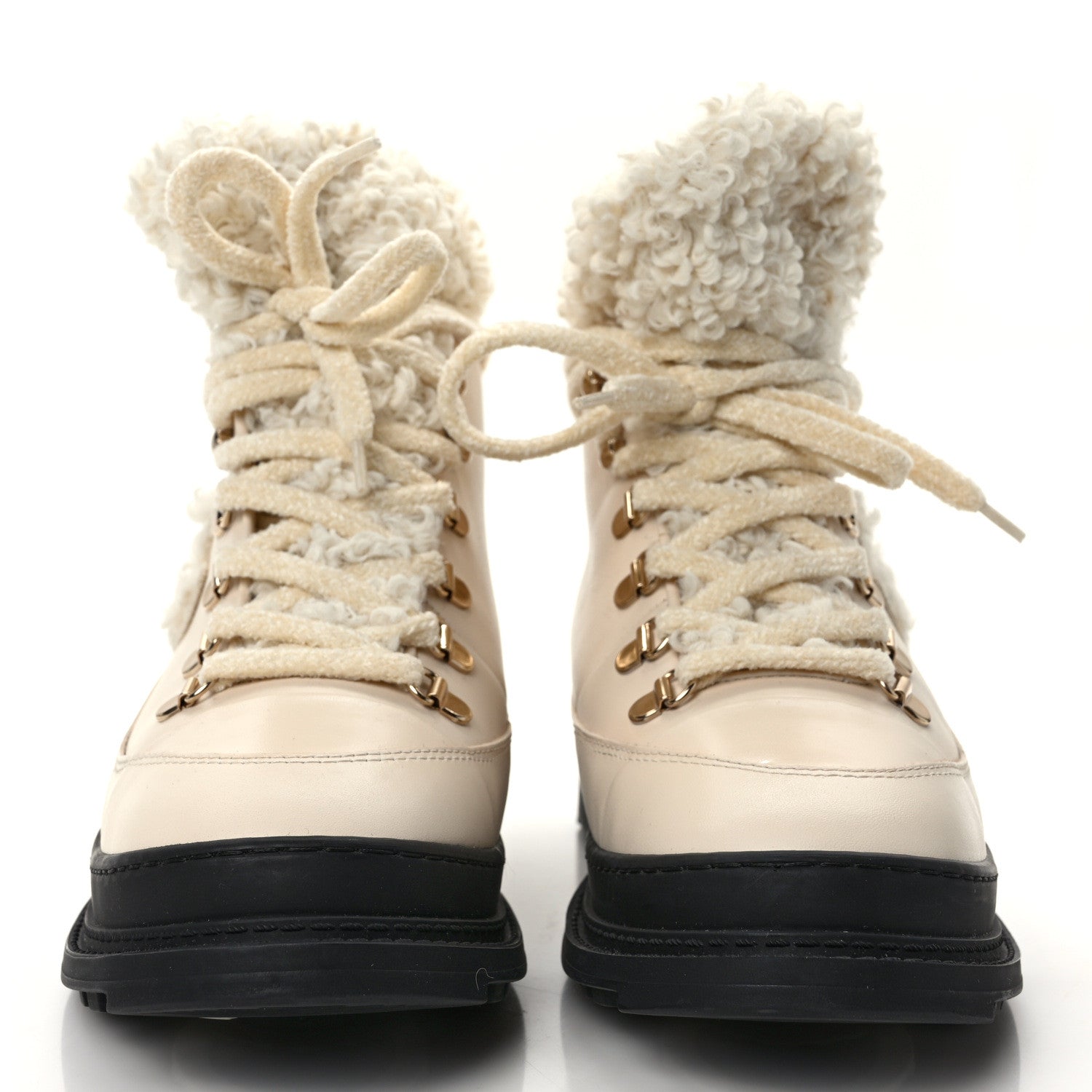 Chanel Calfskin Shearling CC Lace Up Boots 38 Light Beige Ivory 2 of 12
