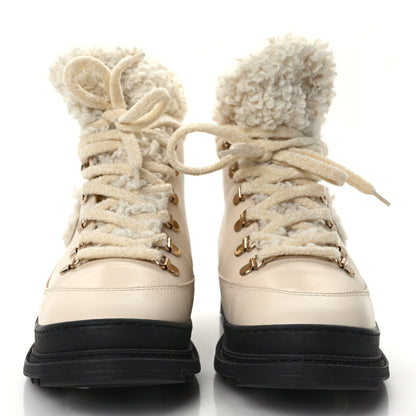 Chanel Calfskin Shearling CC Lace Up Boots 38 Light Beige Ivory 2 of 12