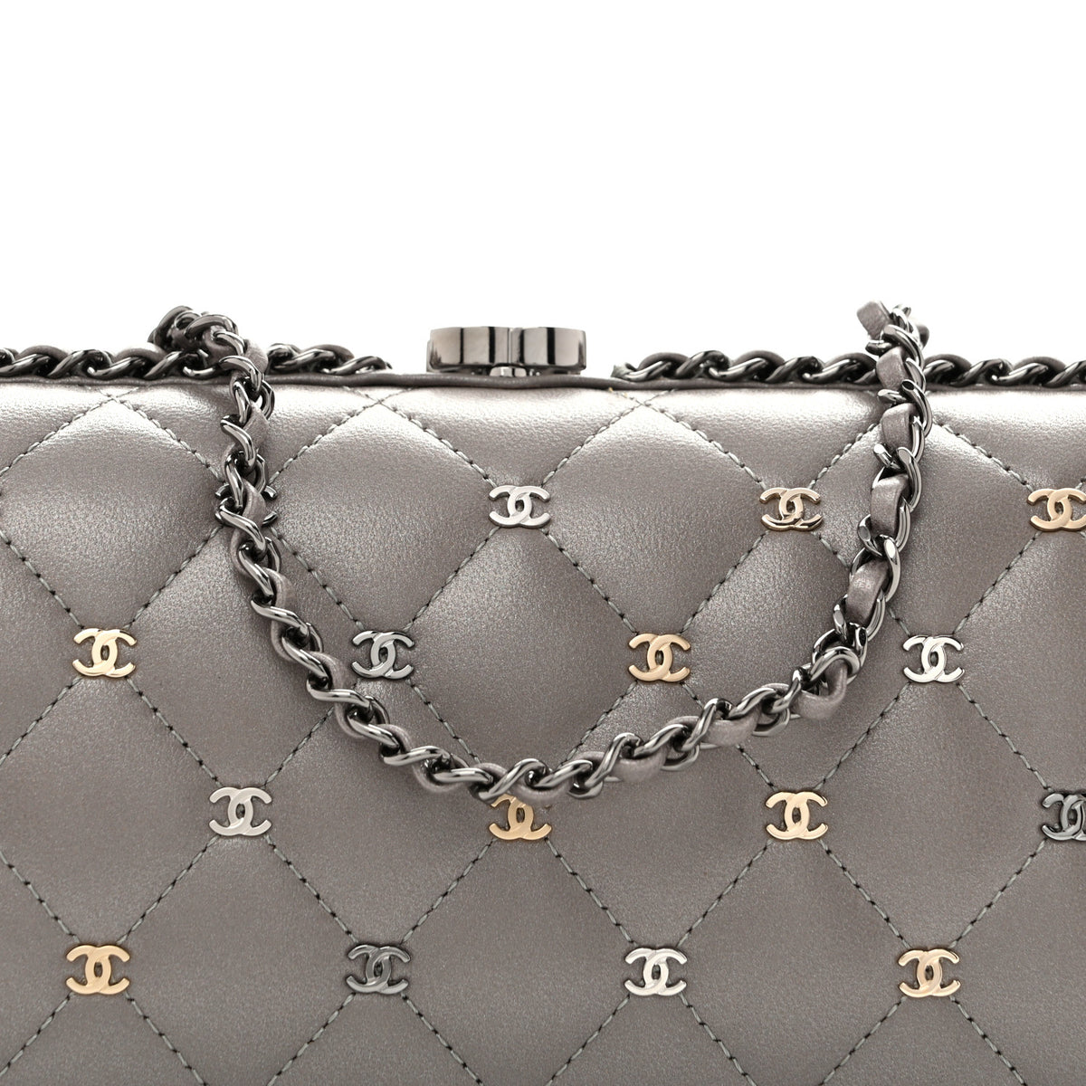 Lambskin Quilted CC Studded Chain Around Clutch Grey