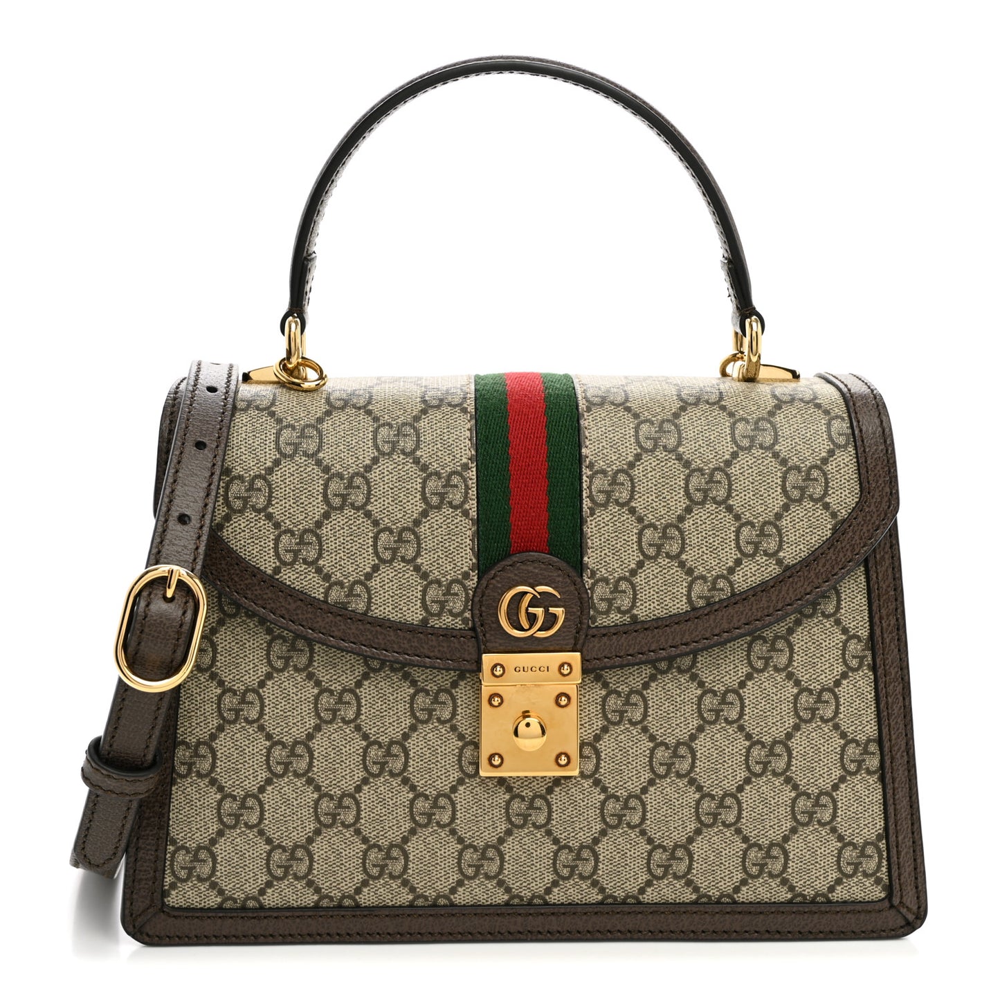 GG Supreme Monogram Textured Dollar Calfskin Web Small Ophidia Padlock Top Handle Bag Beige Ebony New Acero