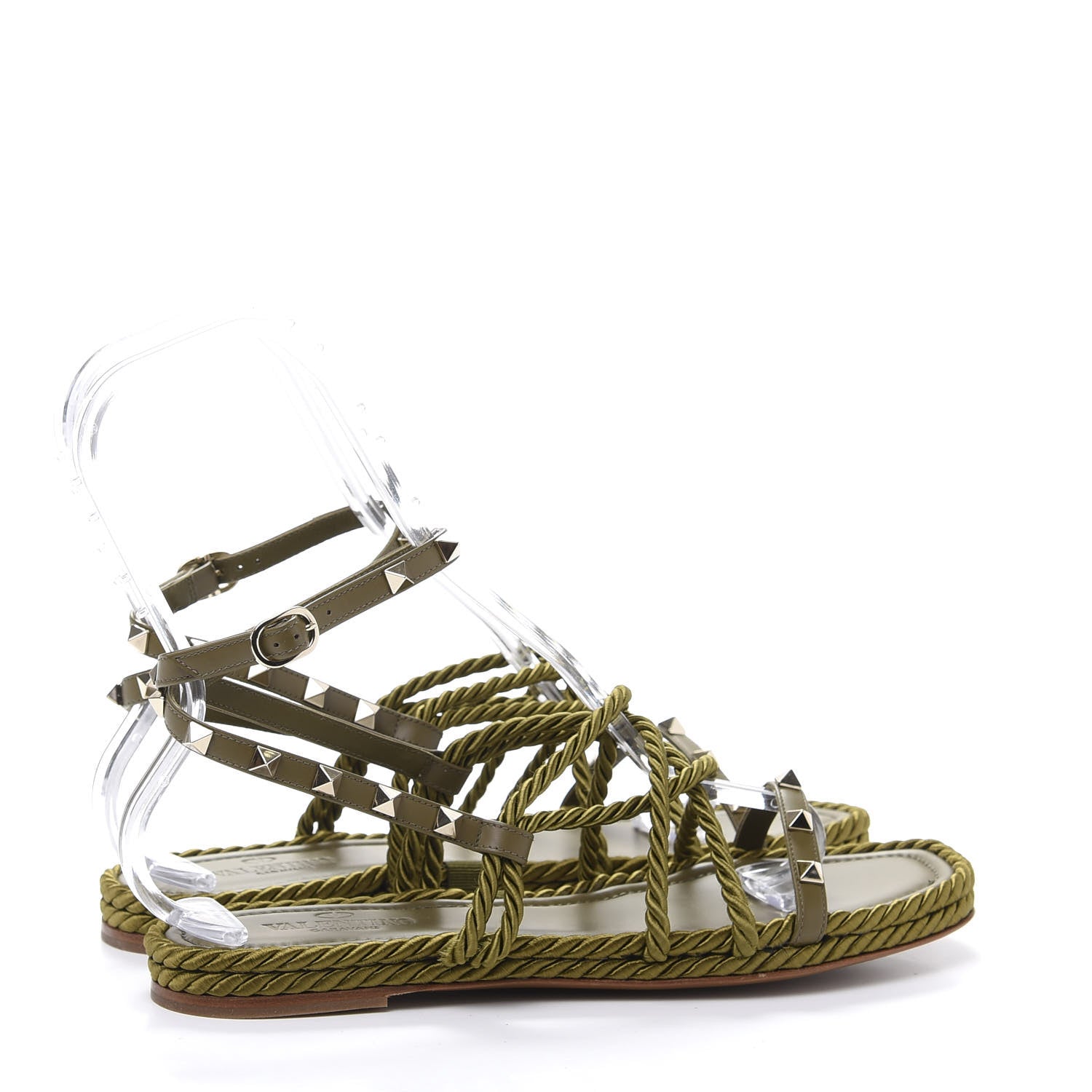 Valentino Garavani Calfskin Silk Rockstud Ankle Wrap Torchon Espadrille Flat Sandals 40 Lichen 4 of 9