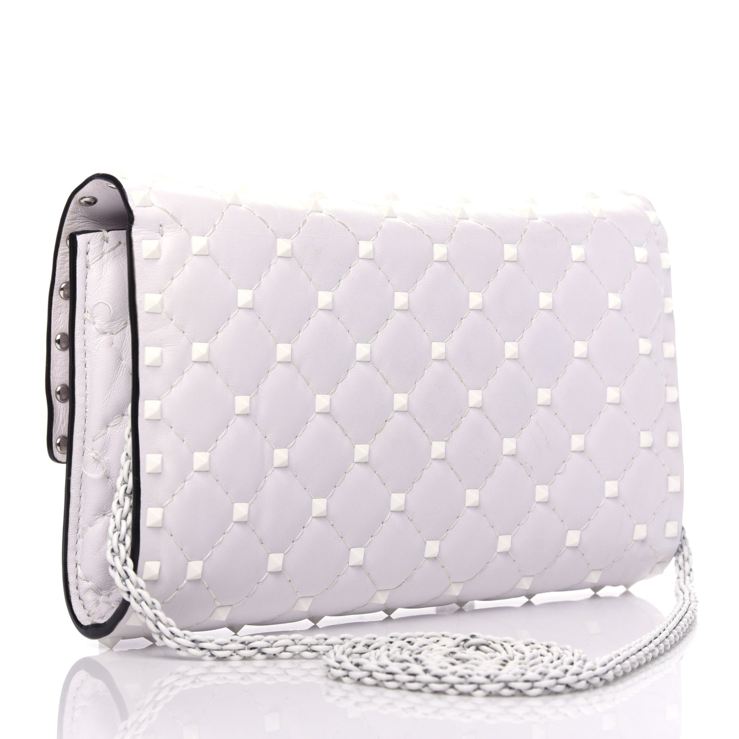 Lambskin Free Rockstud Spike Wallet on Chain Optic White