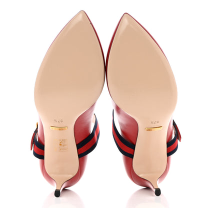 Gucci Malaga Kid Sylvie Web Mid Heel Pumps 37.5 Hibiscus Red 5 of 13