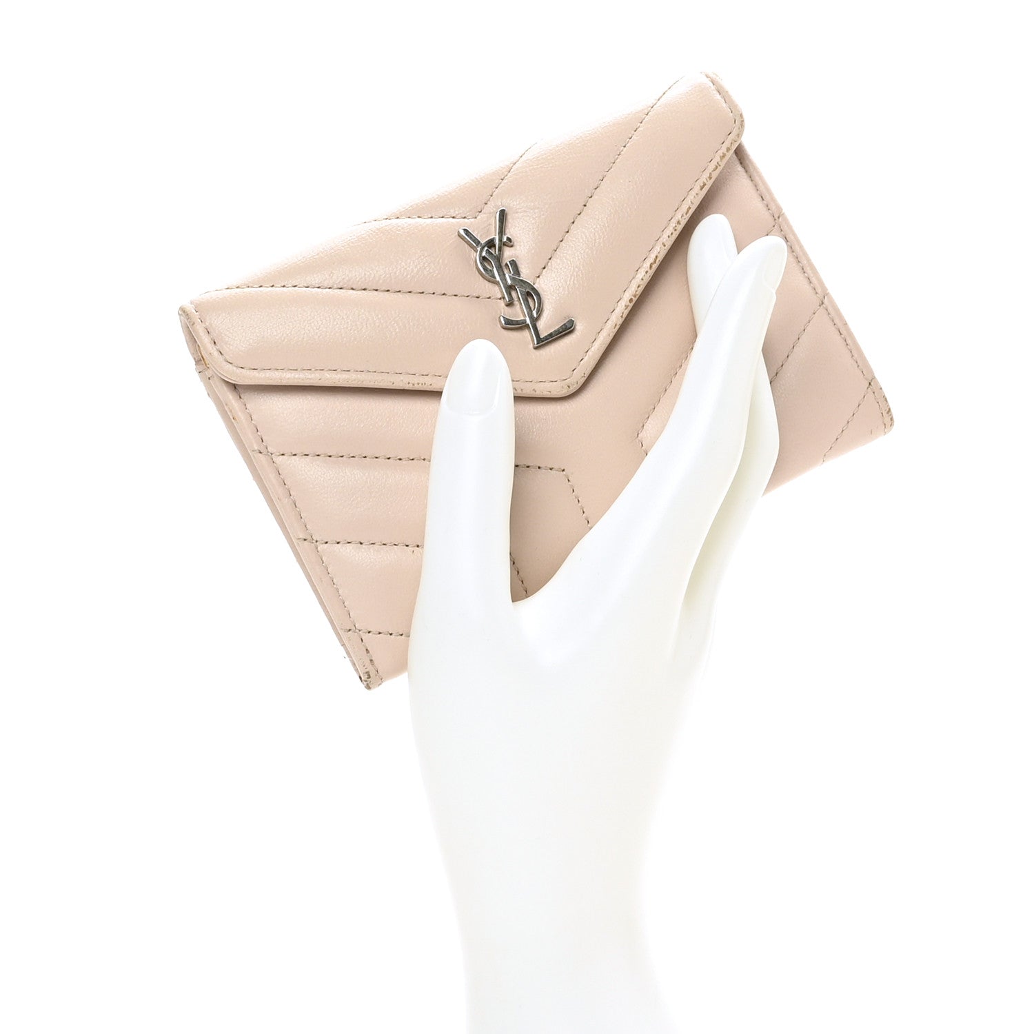 Saint Laurent Nappa Matelasse Chevron Small Monogram Envelope Wallet Nude Powder 2 of 7