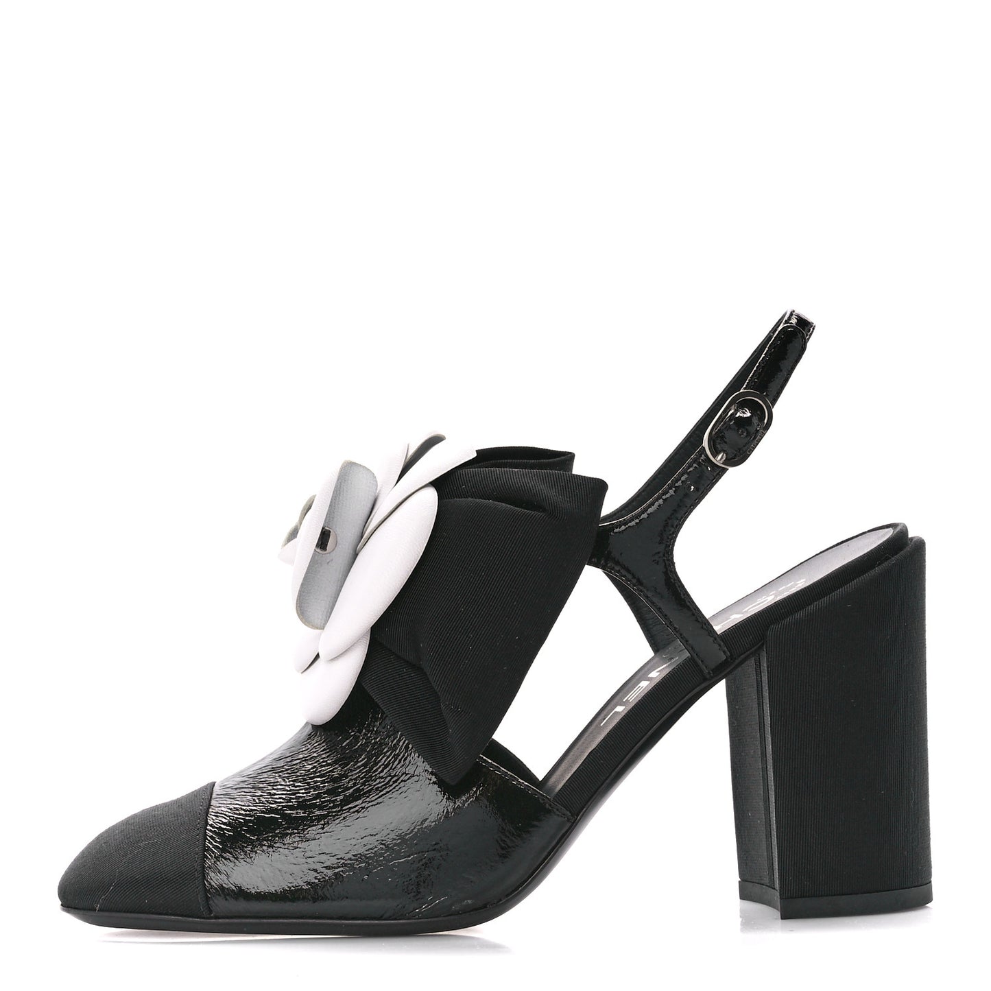 Crumpled Shiny Fabric Grosgrain Cap Toe Camellia Bow Slingback Pumps 37 Black