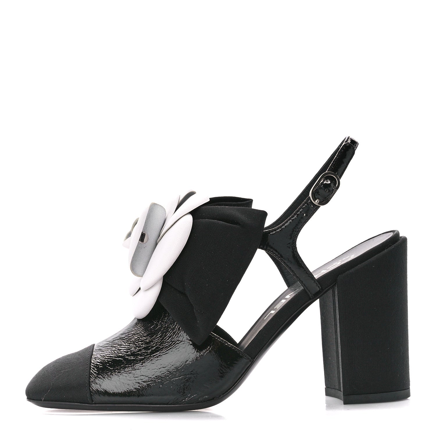 Chanel Crumpled Shiny Fabric Grosgrain Cap Toe Camellia Bow Slingback Pumps 37 Black 1 of 9