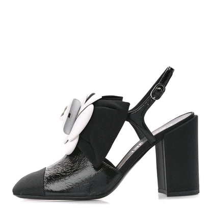 Chanel Crumpled Shiny Fabric Grosgrain Cap Toe Camellia Bow Slingback Pumps 37 Black 1 of 9