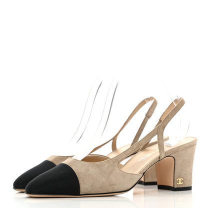 Chanel Kid Suede Grosgrain Cap Toe CC Slingback Sandals 39 Beige Black 3 of 9