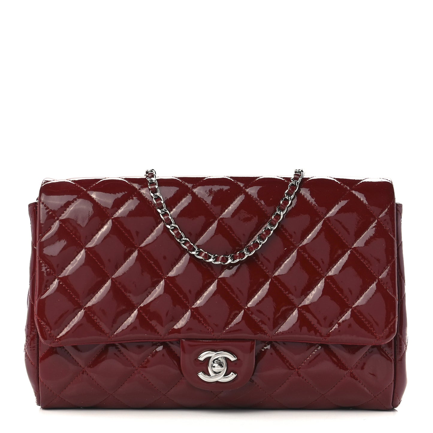 Patent Quilted Clutch With Chain Flap Red