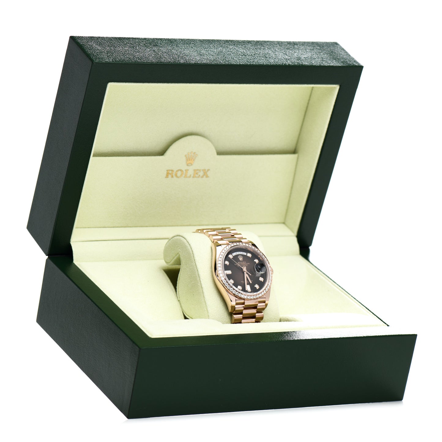 18K Everose Gold Diamond 36mm Oyster Perpetual Day-Date President Watch Brown Ombre 128345RBR