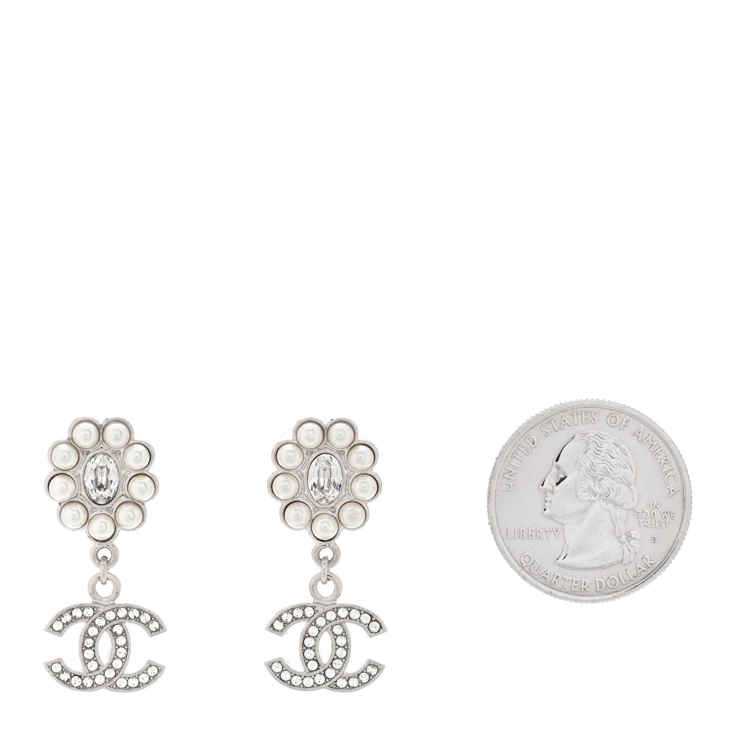Crystal Pearl CC Drop Earrings Silver