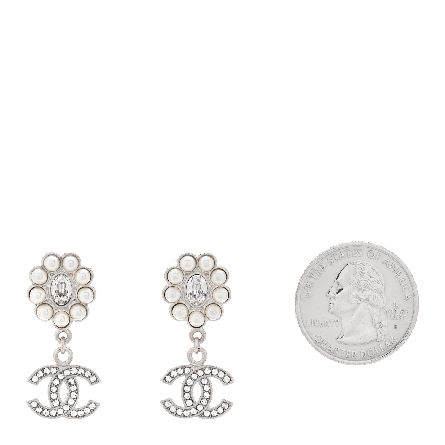 Chanel Crystal Pearl CC Drop Earrings Silver 2 of 5