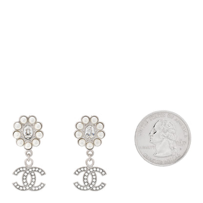 Chanel Crystal Pearl CC Drop Earrings Silver 2 of 5