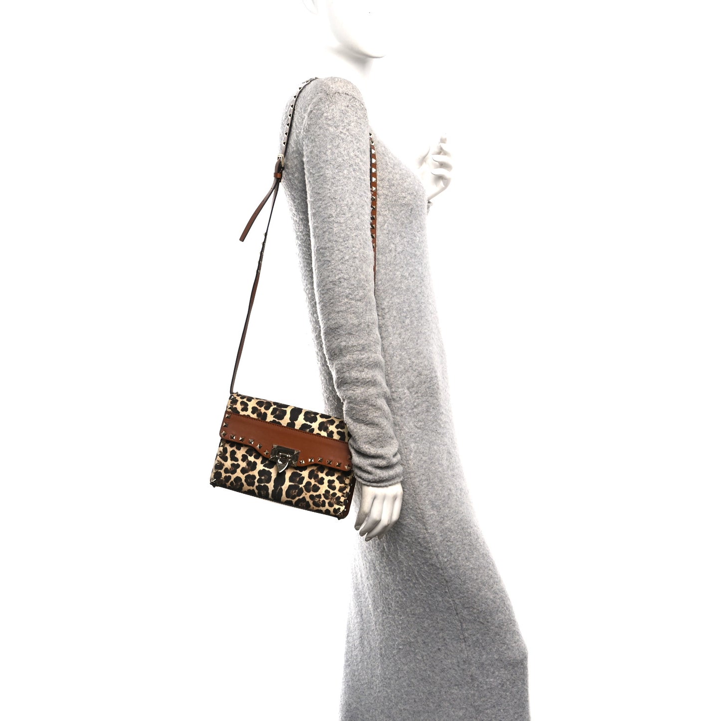 Calfskin Canvas Leopard Print Medium Rockstud Flip Lock Crossbody Bag Tan