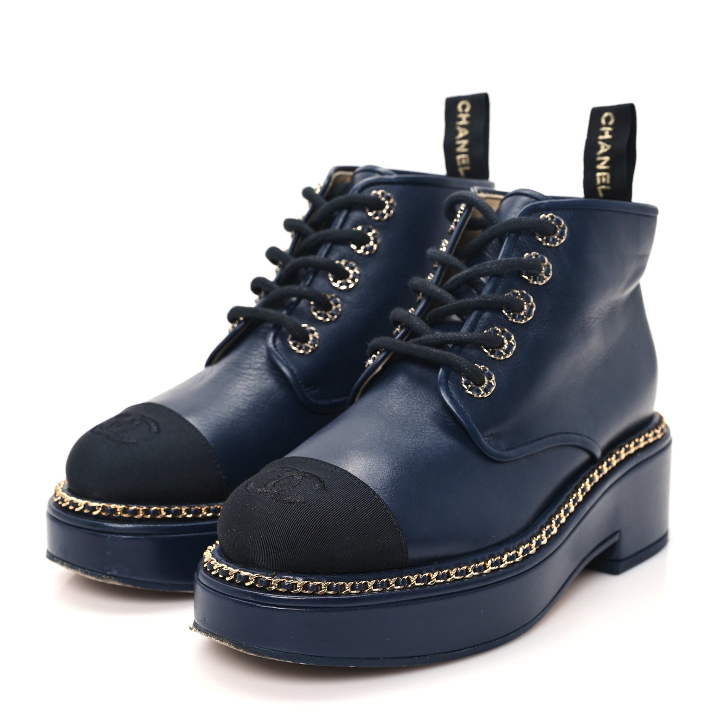 Calfskin Grosgrain Chain Lace Up CC Short Boots 36 Navy Black
