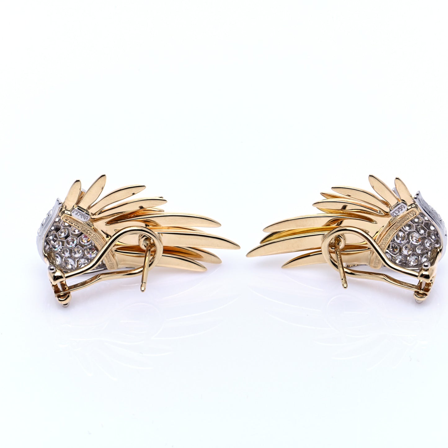 18K Yellow Gold Platinum Diamond Schlumberger Flame Earrings