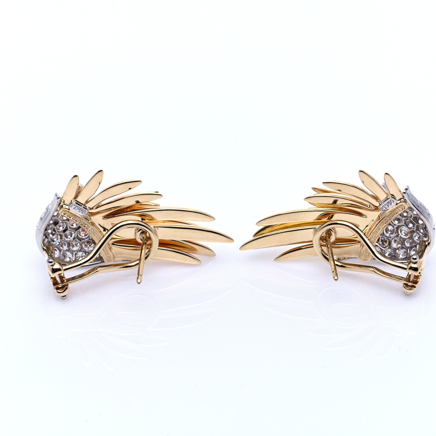 Tiffany 18K Yellow Gold Platinum Diamond Schlumberger Flame Earrings 3 of 9