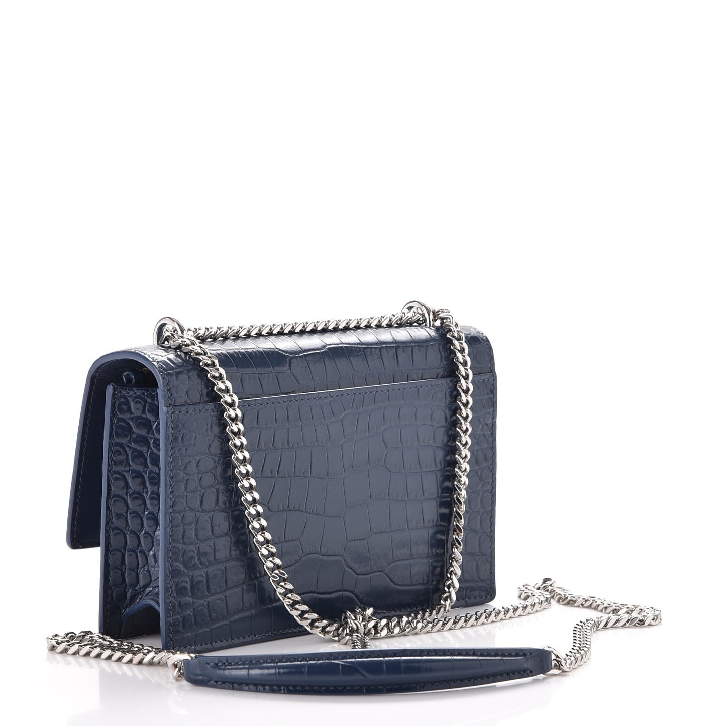 Calfskin Crocodile Embossed Monogram Sunset Chain Wallet Denim