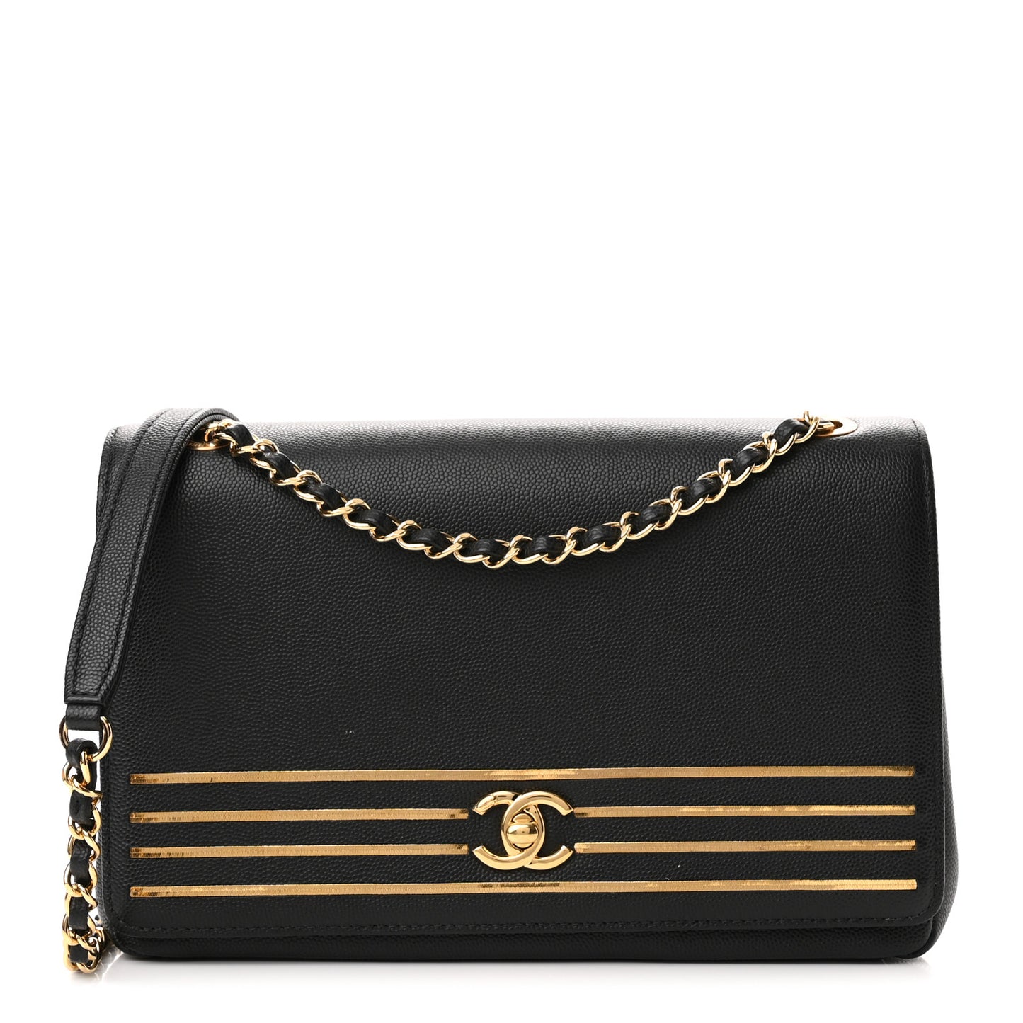 Grained Calfskin Embroidered Captain Gold Flap Bag Black