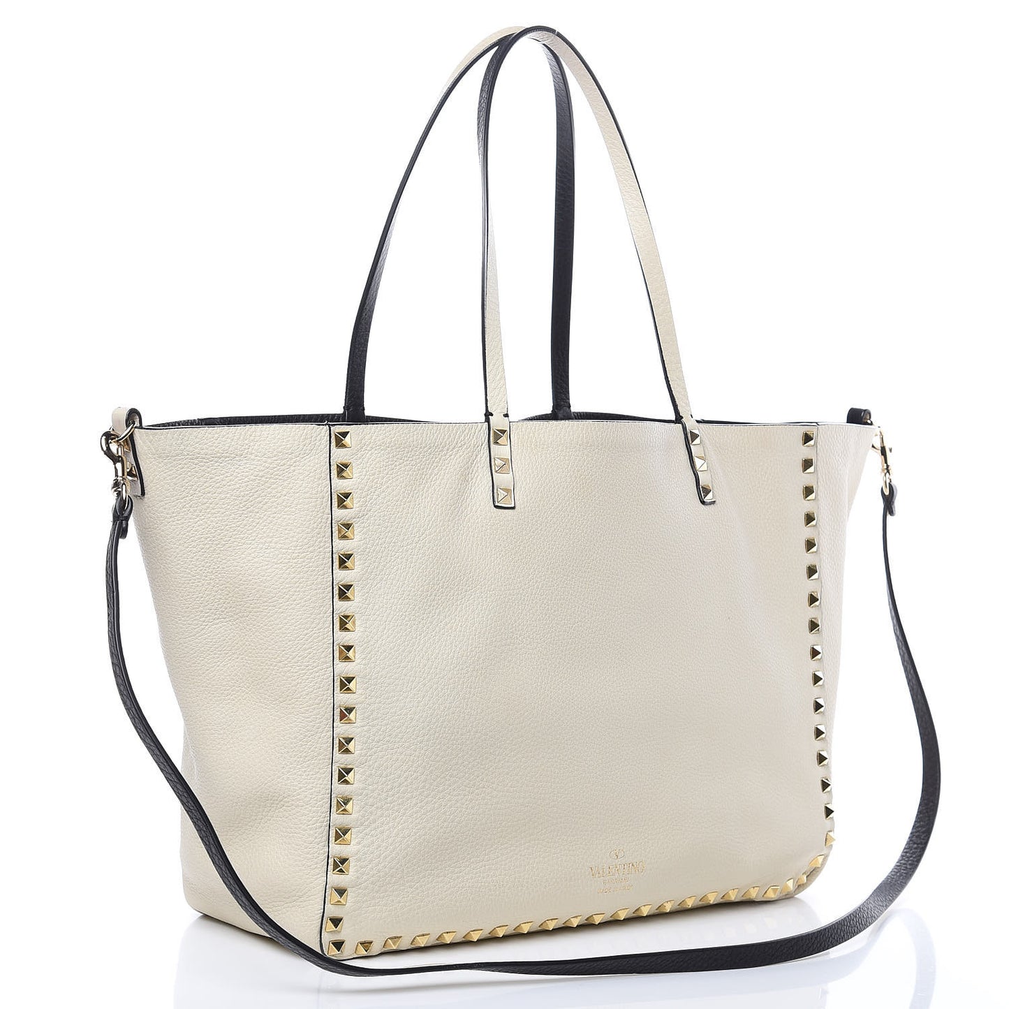 Grained Calfskin Medium Rockstud Reversible Tote Black Ivory