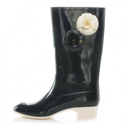 Chanel Rubber Camelia Rain Boots 41 Black White 1 of 6