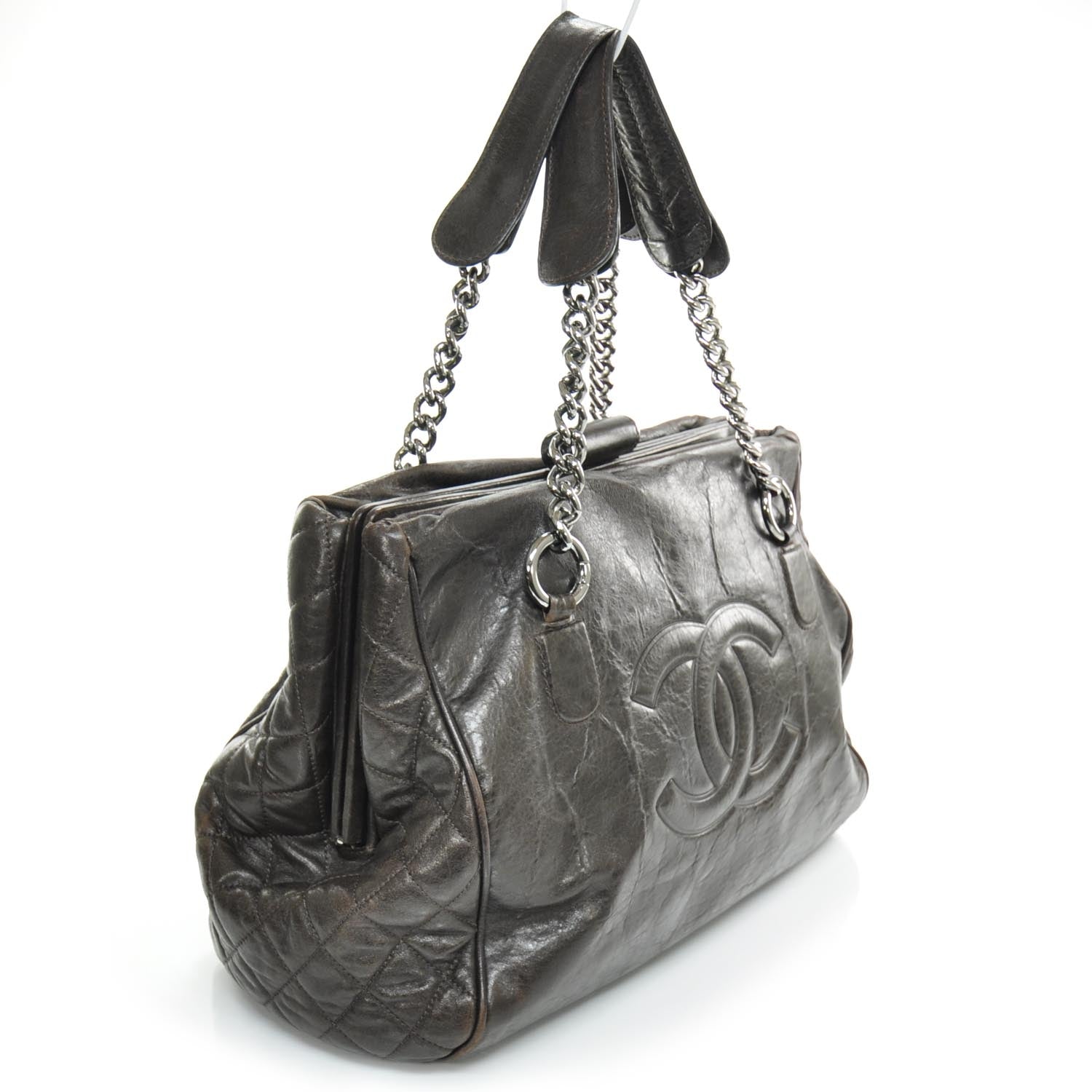 Chanel Leather Large Frame Tote Dark Brown 3 of 10