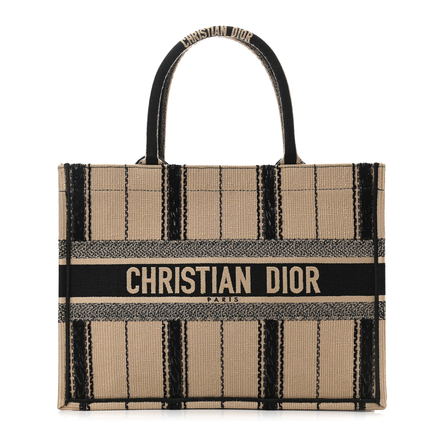 Canvas Embroidered Medium Bayadere Book Tote Black Beige