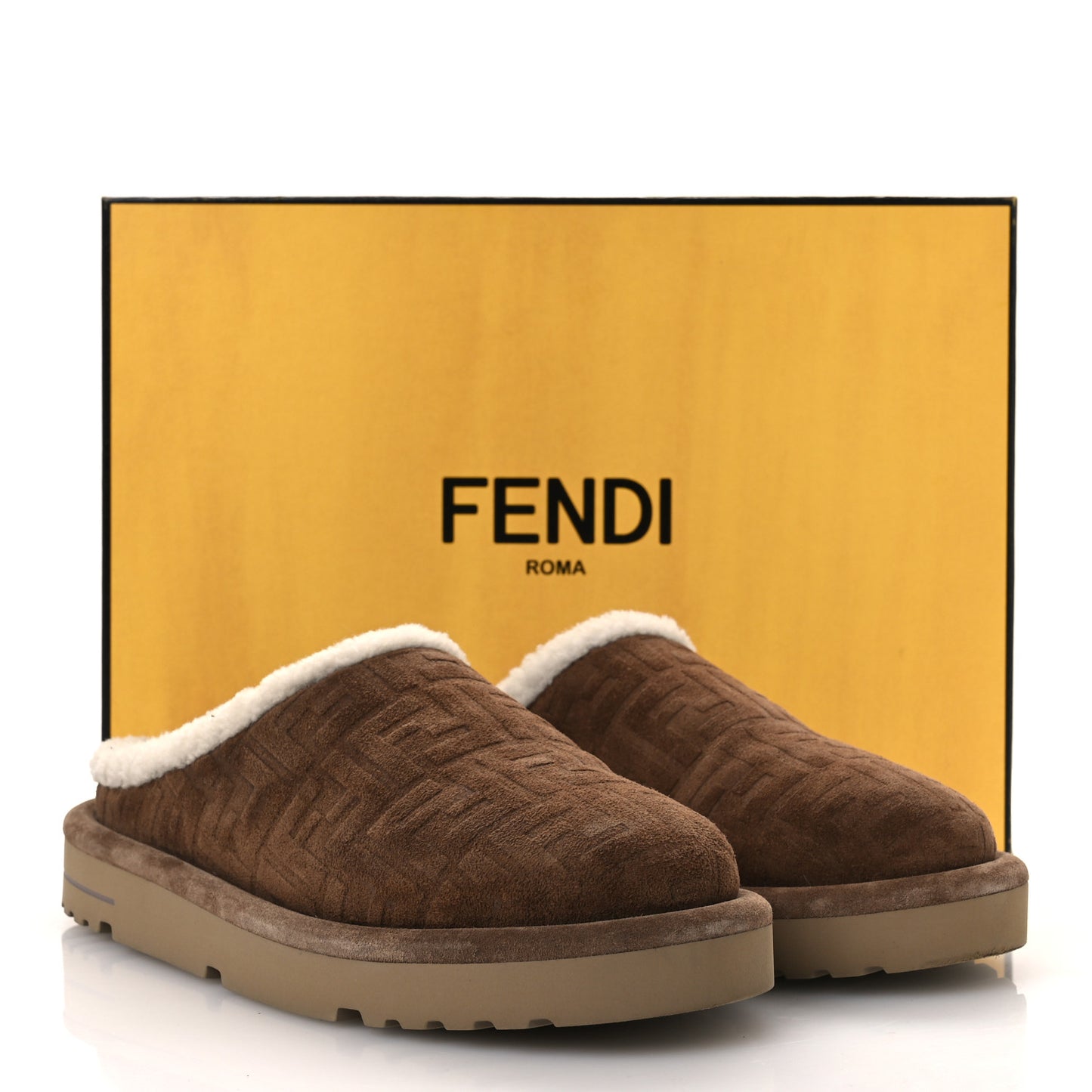 Suede Shearling FF Embossed Mens Sabot Mules 39 Brown