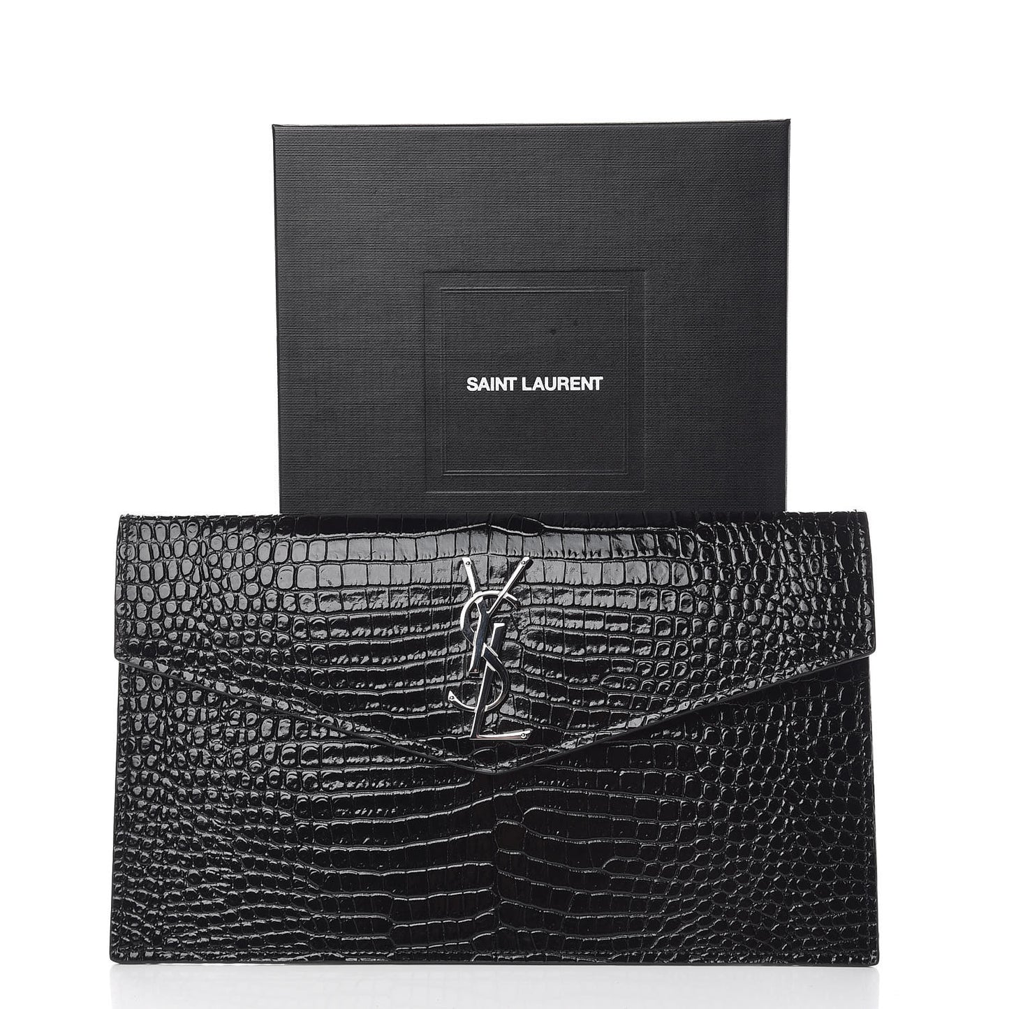 Calfskin Crocodile Embossed Uptown Monogram Clutch Black