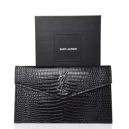 Saint Laurent Calfskin Crocodile Embossed Uptown Monogram Clutch Black 8 of 8