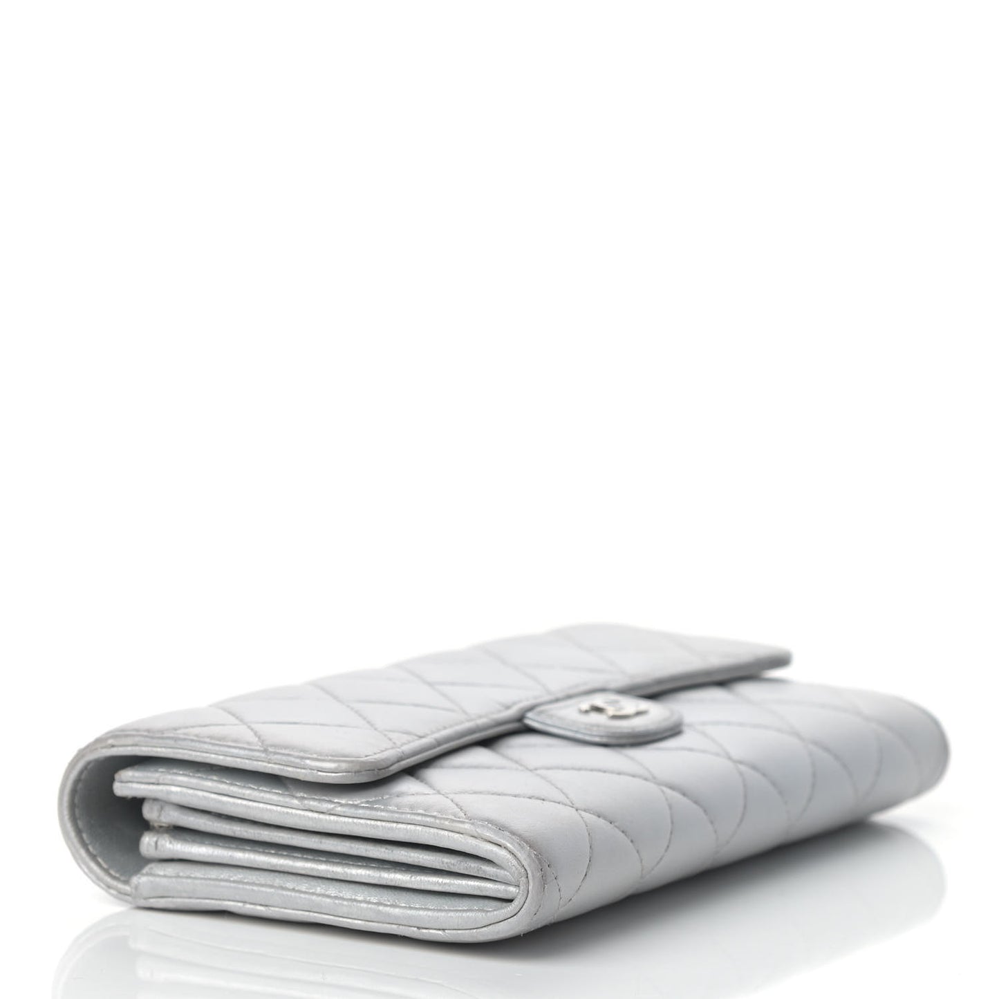 Metallic Lambskin Quilted Long Flap Wallet Silver
