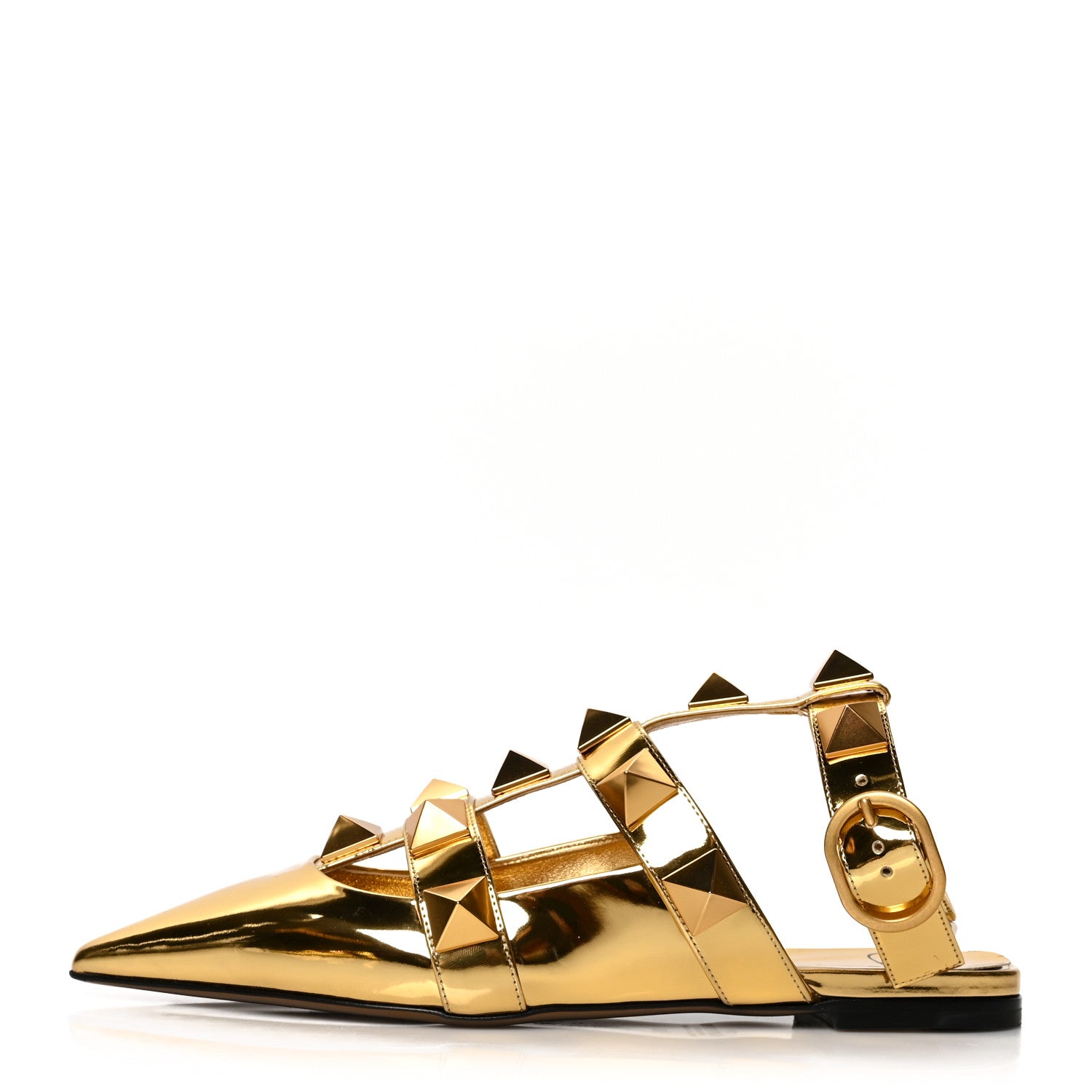 Valentino Garavani Metallic Patent Roman Stud Ankle Strap Flat Mules 38 Antique Brass 1 of 8
