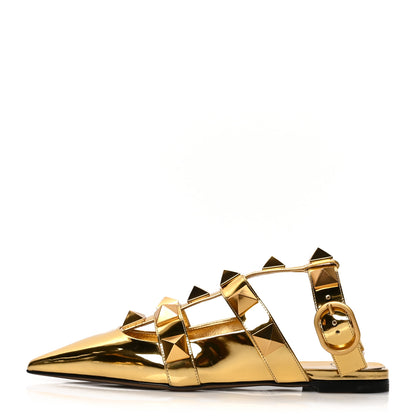 Valentino Garavani Metallic Patent Roman Stud Ankle Strap Flat Mules 38 Antique Brass 1 of 8