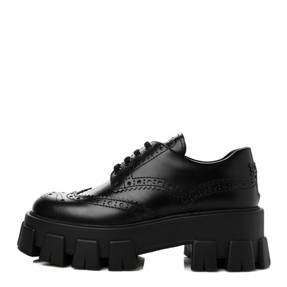 Prada Spazzolato Rois Brogue Monolith 55mm Derby Loafers 37.5 Black 1 of 7