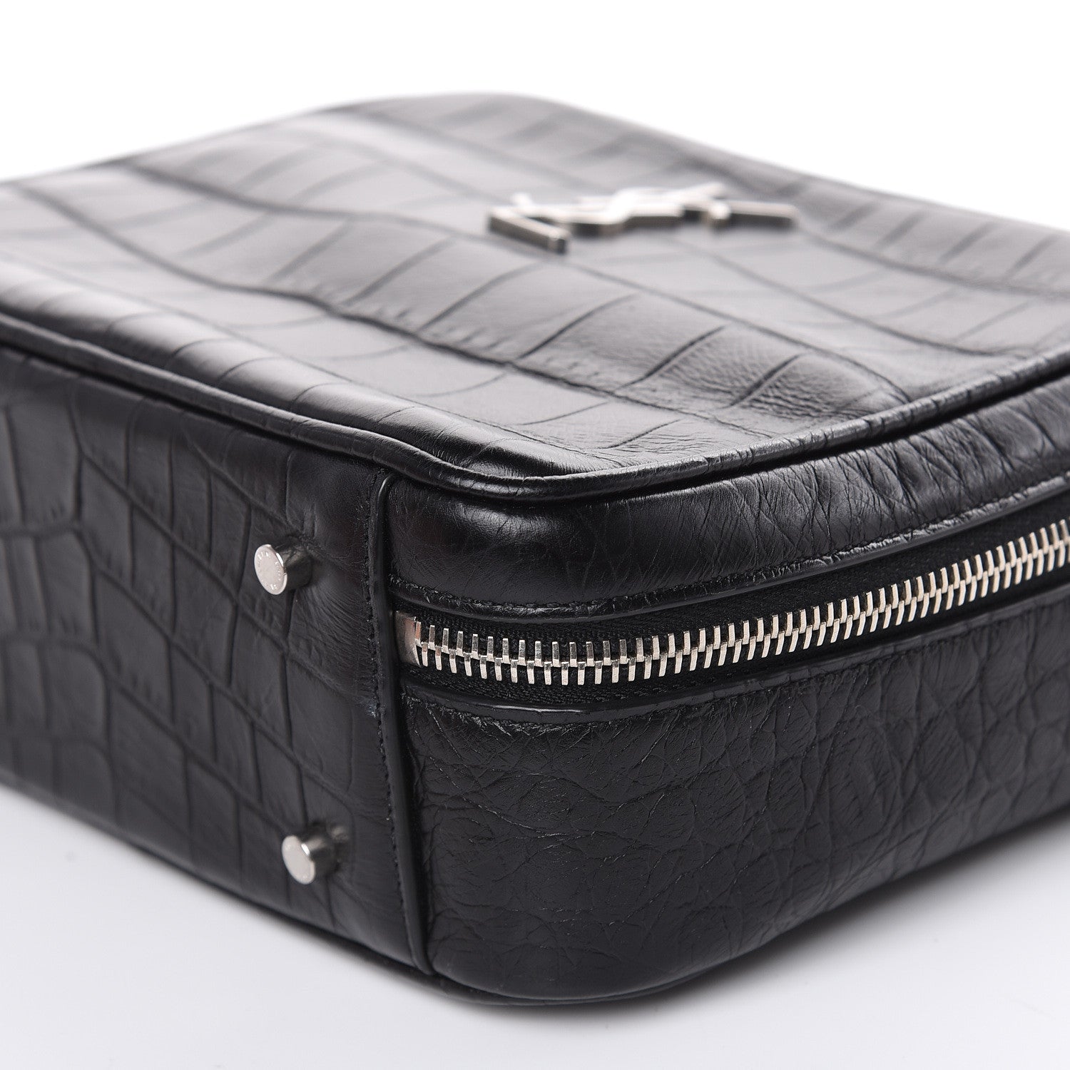 Saint Laurent Calfskin Crocodile Embossed Monogram Lunch Box Bag Black 8 of 10