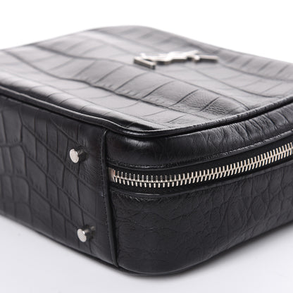 Saint Laurent Calfskin Crocodile Embossed Monogram Lunch Box Bag Black 8 of 10