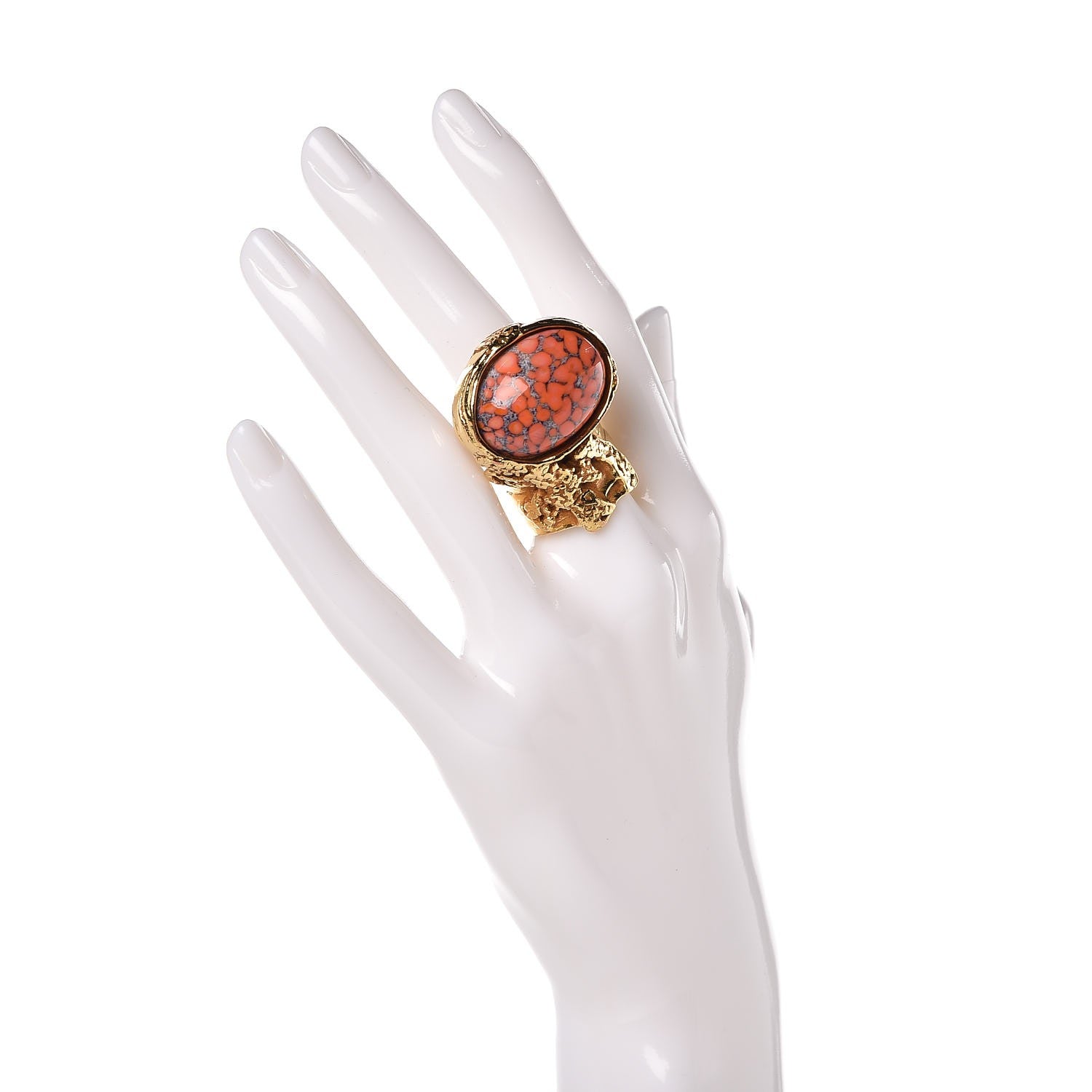 Saint Laurent Glass Cabochon Arty Ovale Ring 7 Gold Coral 2 of 4