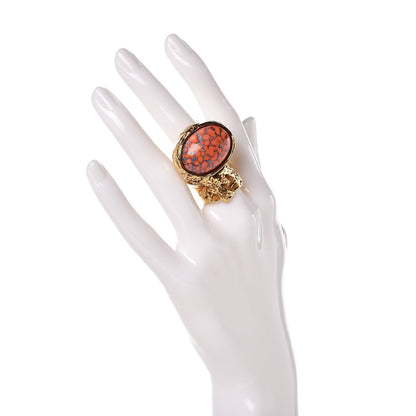 Saint Laurent Glass Cabochon Arty Ovale Ring 7 Gold Coral 2 of 4