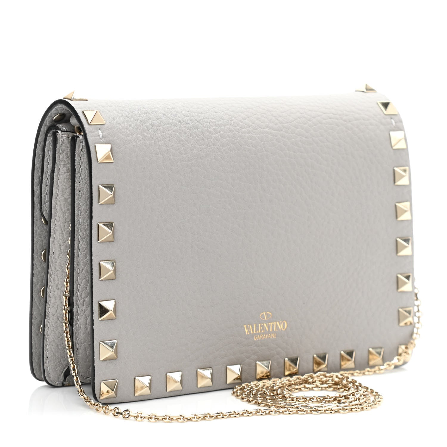 Valentino Garavani Pebbled Calfskin Rockstud Wallet on Chain Pastel Grey 2 of 10