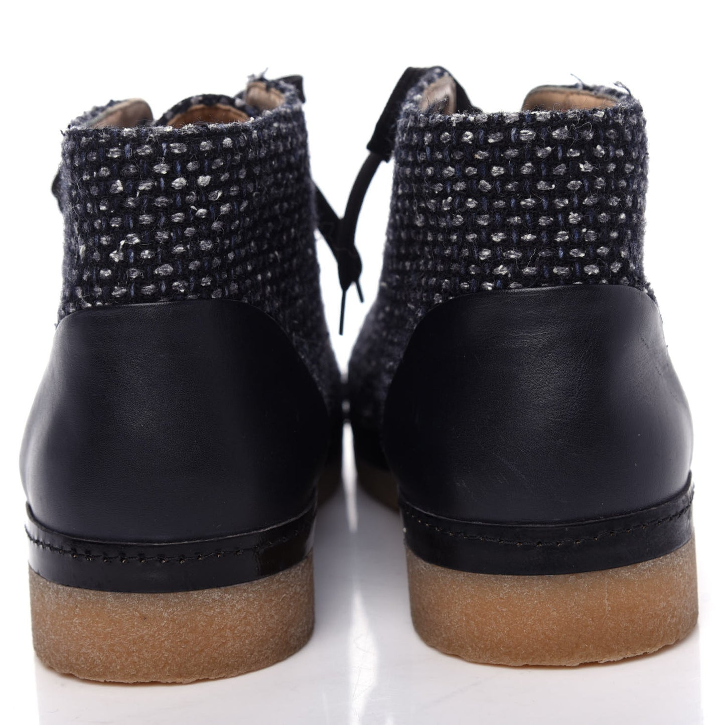 Tweed Calfskin Patent CC Lace Up Short Boots 38.5 Black Grey Dark Navy