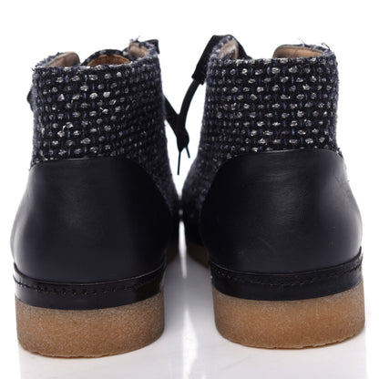 Chanel Tweed Calfskin Patent CC Lace Up Short Boots 38.5 Black Grey Dark Navy 7 of 11