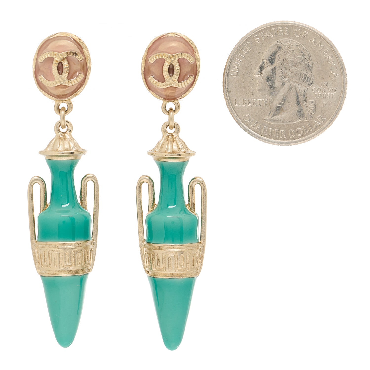 Chanel Metal Resin Ancient Greek Urn Drop Earrings Light Gold Turquoise 2 of 4