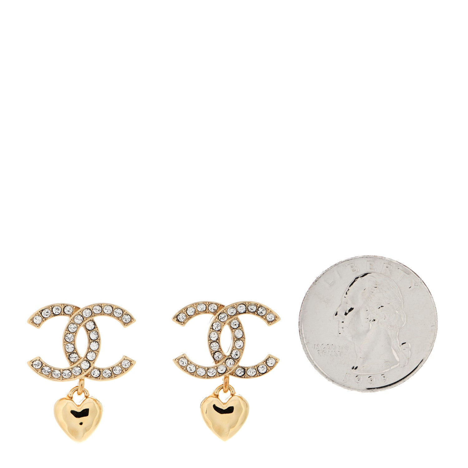 Chanel Metal Crystal CC Heart Drop Earrings Gold 2 of 5